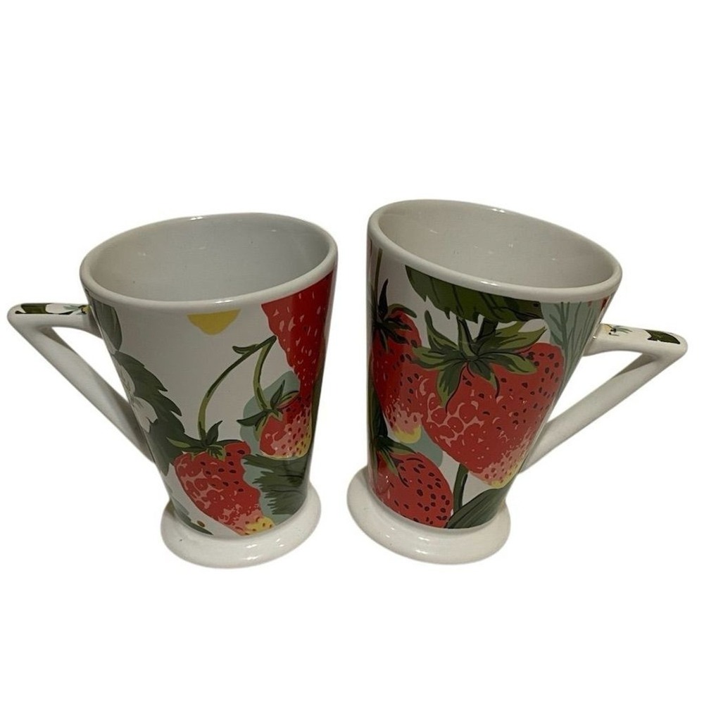Baum Brothers Vintage Strawberry Design Triangular Handle Coffee Mugs Set of 2